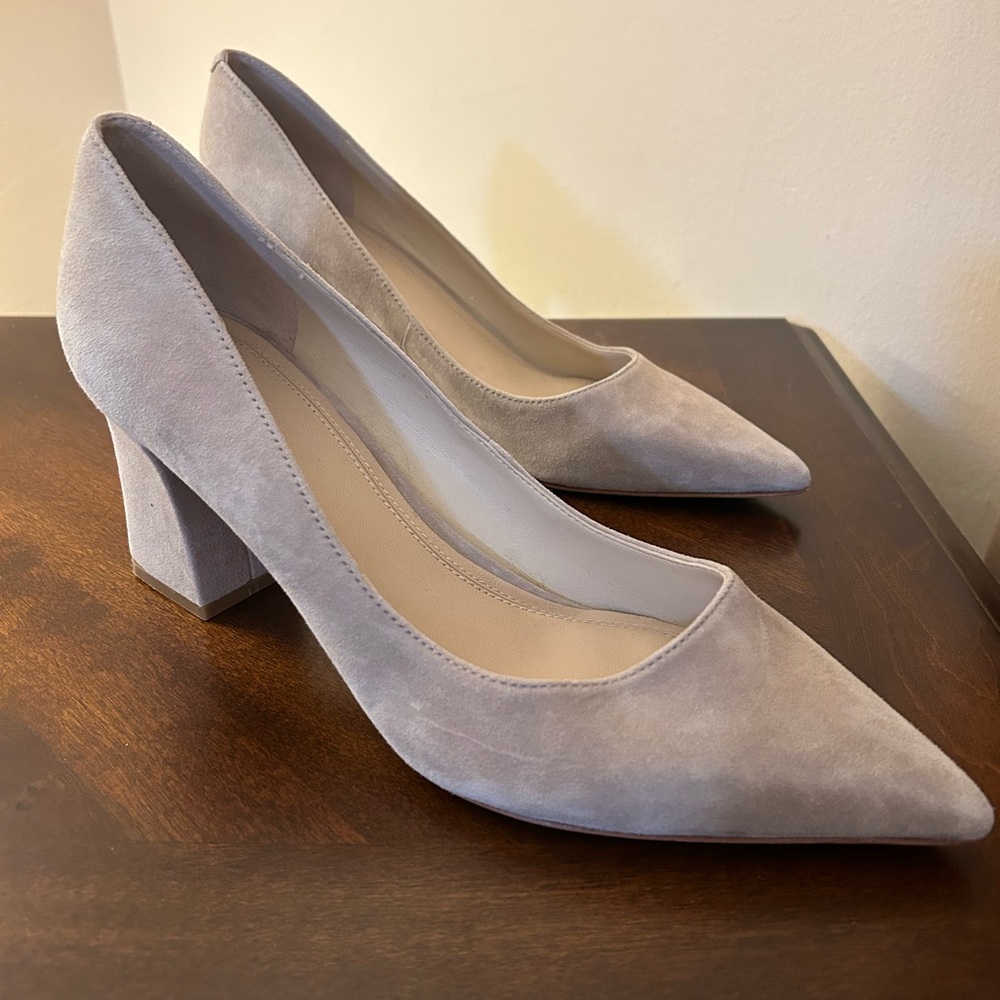 Marc Fisher Block Heel Pumps in Light Gray Suede